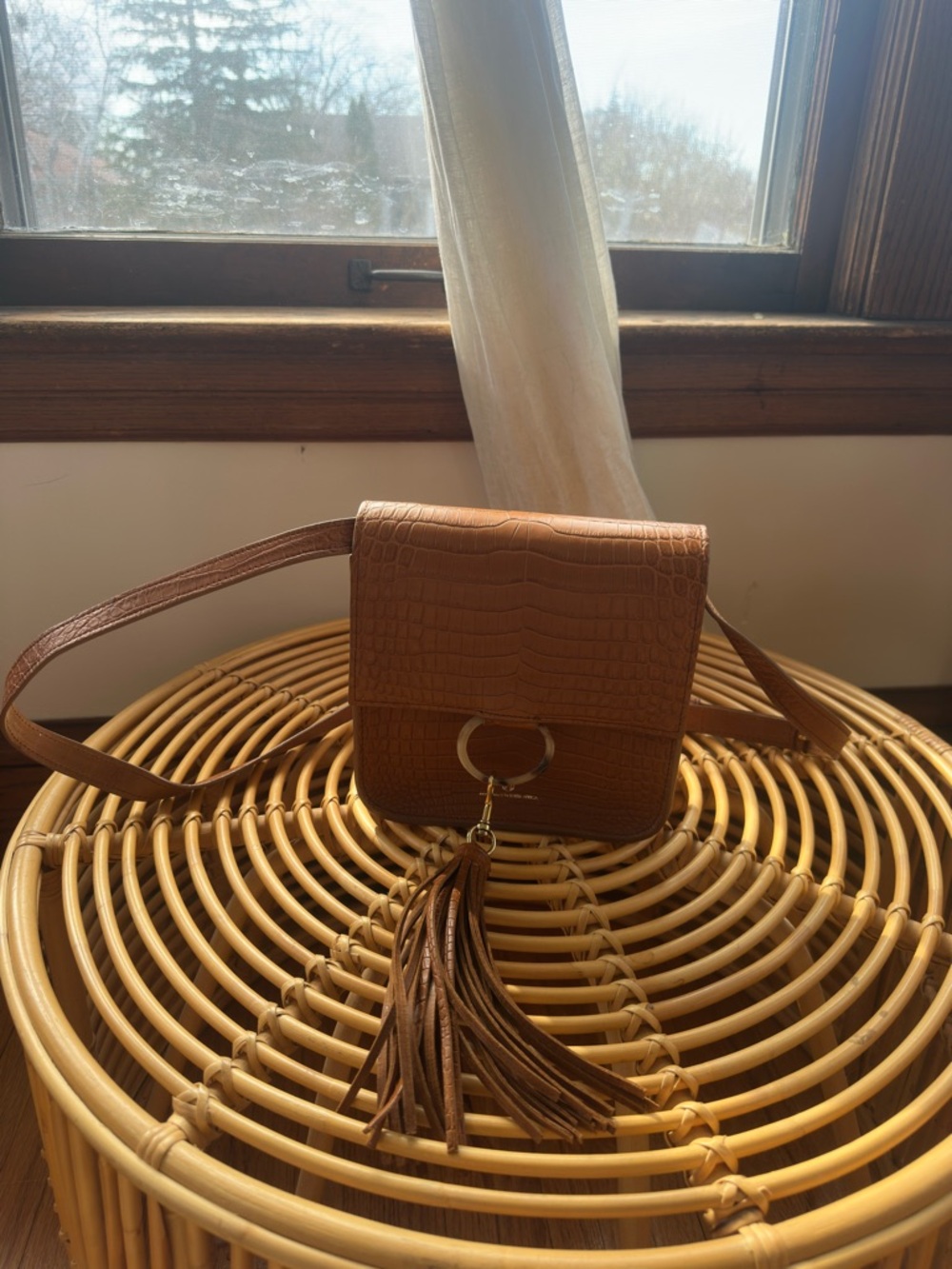 Brother Vellies Brown Croc-Embossed Crossbody Bag with Tassel
